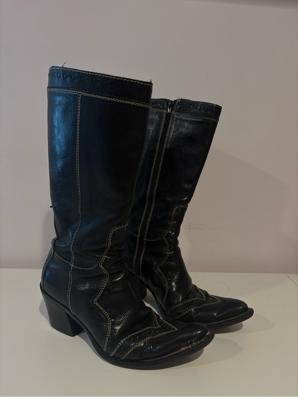 Black Women's Mid-Calf Leather Boots with Contrast Stitching
